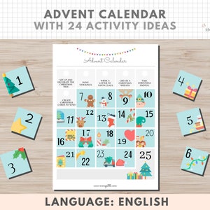 Printable Advent Calendar, Template with 24 Activity Ideas, Christmas, English, Digital Download, Homeschooling
