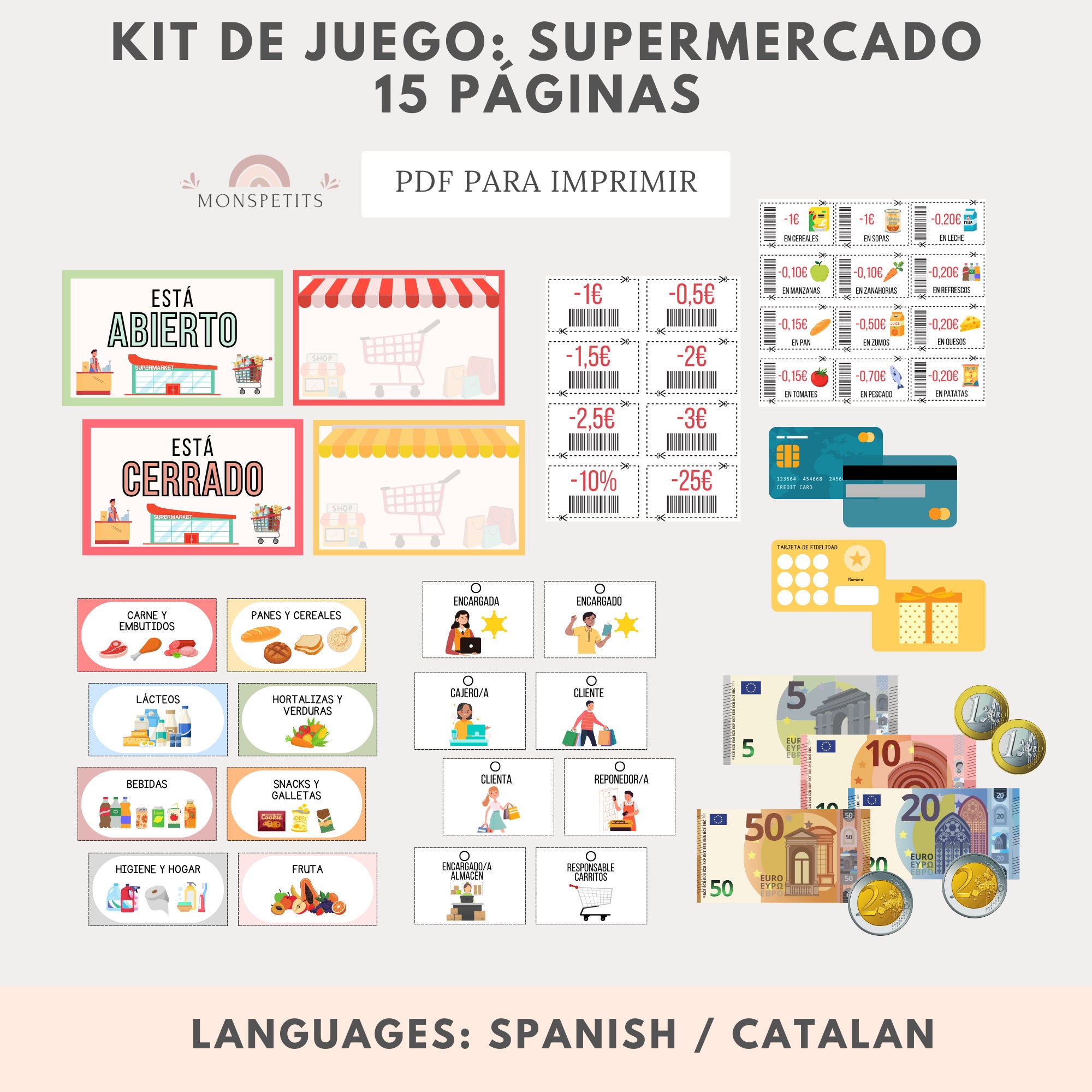 Kit de Juego Supermercado, Imprimible Educativo, Educación Infantil Primaria, Homeschooling, Digital, Juego Simbólico, PDF Español Català