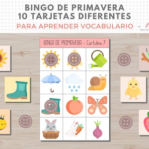Bingo Temática Primavera, Juego, Vocabulario Niños, Imprimible, Español, Català, Aprendizaje, Descarga Digital, Educación, Homeschooling