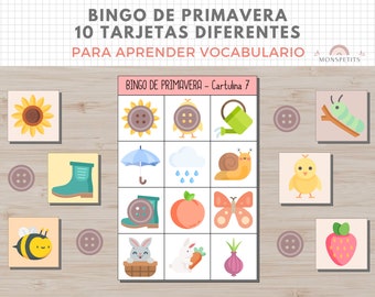 Bingo Temática Primavera, Juego, Vocabulario Niños, Imprimible, Español, Català, Aprendizaje, Descarga Digital, Educación, Homeschooling