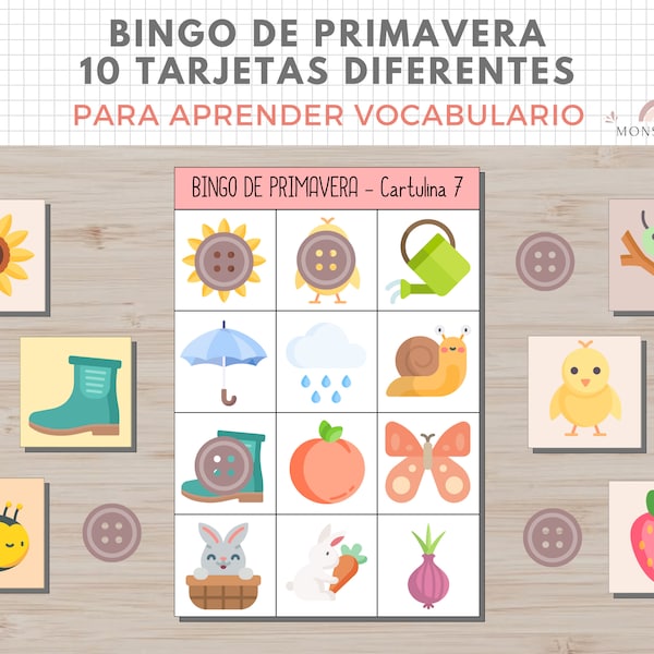 Bingo Temática Primavera, Juego, Vocabulario Niños, Imprimible, Español, Català, Aprendizaje, Descarga Digital, Educación, Homeschooling