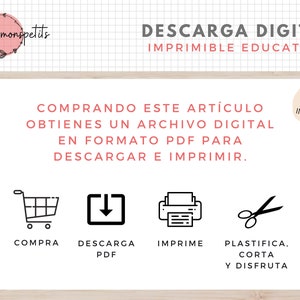 Może przedstawiać: Grafika pobrania cyfrowego z tekstem "DESCARGA DIGITAL IMPRIMIBLE EDUCATIVO" w kolorze czarnym na białym tle. Tekst "COMPRANDO ESTE ART&Iacute;CULO OBTIENES UN ARCHIVO DIGITAL EN FORMATO PDF PARA DESCARGAR E IMPRIMIR." jest w kolorze czerwonym na białym tle. Pod tekstem znajdują się cztery ikony: w&oacute;zek na zakupy, strzałka pobierania, drukarka i nożyczki. Tekst pod ikonami brzmi "COMPRA DESCARGA PDF IMPRIME PLASTIFICA. CORTA Y DISFRUTA".