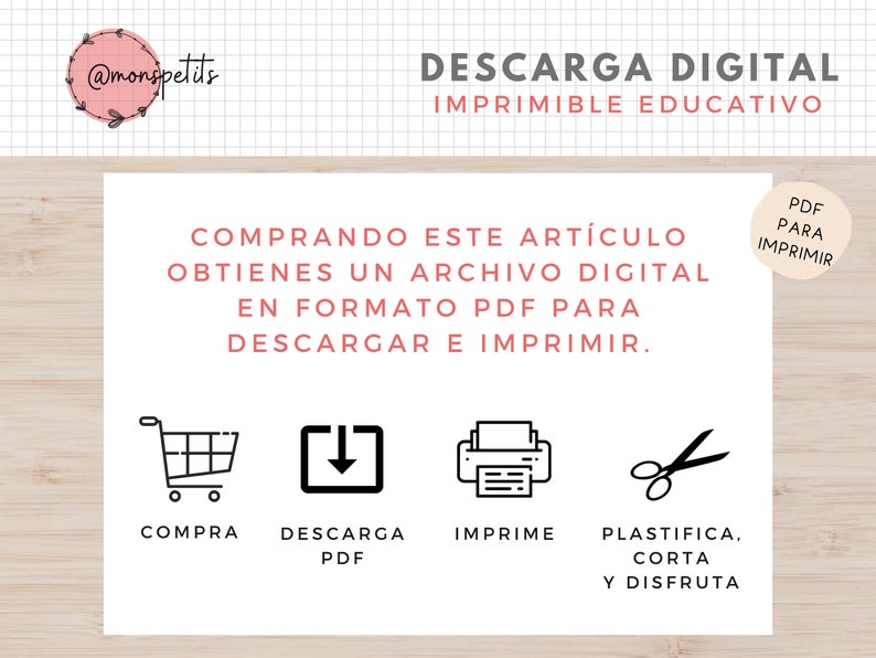 Może przedstawiać: Grafika pobrania cyfrowego z tekstem "DESCARGA DIGITAL IMPRIMIBLE EDUCATIVO" w kolorze czarnym na białym tle. Tekst "COMPRANDO ESTE ART&Iacute;CULO OBTIENES UN ARCHIVO DIGITAL EN FORMATO PDF PARA DESCARGAR E IMPRIMIR." jest w kolorze czerwonym na białym tle. Pod tekstem znajdują się cztery ikony: w&oacute;zek na zakupy, strzałka pobierania, drukarka i nożyczki. Tekst pod ikonami brzmi "COMPRA DESCARGA PDF IMPRIME PLASTIFICA. CORTA Y DISFRUTA".