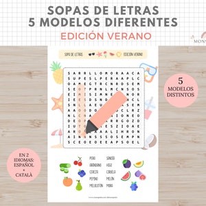 Juego Sopa de Letras, Vocabulario, Verano, Niños, Imprimible, Español, Català, Aprendizaje, Descarga Digital, Educación, Homeschooling