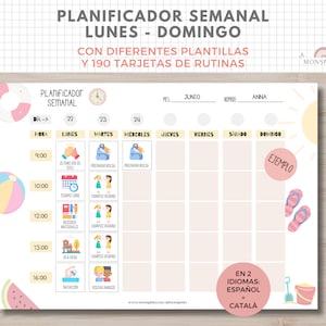 Planificador Semanal y Horario Lunes-Domingo, Plantilla Imprimible, Rutinas Infantil, Español, Català, Educación, Homeschooling