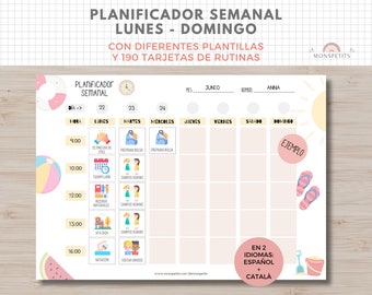 Planificador Semanal y Horario Lunes-Domingo, Plantilla Imprimible, Rutinas Infantil, Español, Català, Educación, Homeschooling
