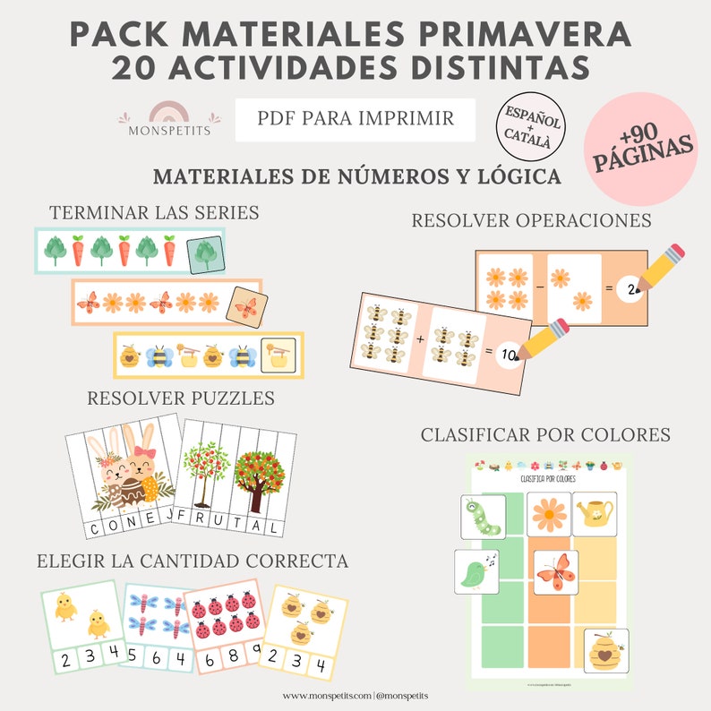 Mega Pack Materiales Primavera, 20 actividades, 90 páginas, Lectoescritura, Números, Imprimible, Español, Català, Educación, Homeschooling image 4