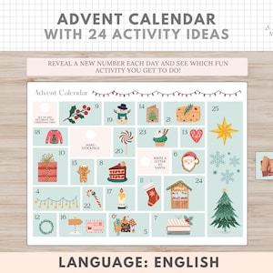 Advent Calendar Printable Horizontal , Template with 24 Activity Ideas, Christmas, English, Digital Download, Homeschooling