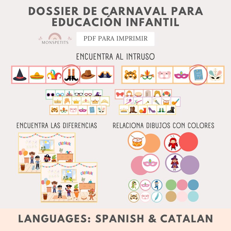 May include: A colorful printable educational activity pack for preschoolers featuring carnival-themed games, including find the difference, find the intruder, and match the colors. The pack is available in Spanish and Catalan.