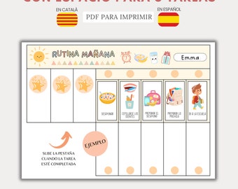May include: A printable morning routine chart in Spanish and Catalan. The chart features illustrations for tasks like eating breakfast, brushing teeth, and going to school. The text includes "RUTINA MAÑANA" and "PDF PARA IMPRIMIR".