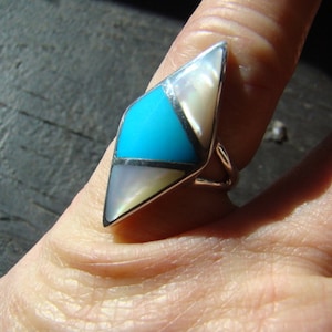 Ring Art Deco Inlaid Turquoise and Mother of Pearl Sterling OOAK
