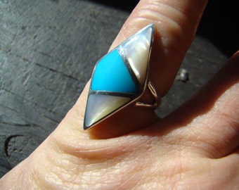 Ring Art Deco Inlaid Turquoise and Mother of Pearl Sterling OOAK