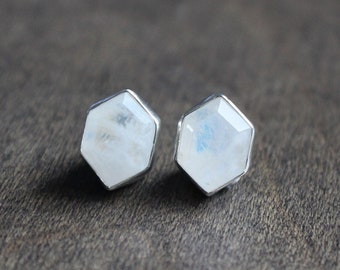 Hexagon-Cut, White Moonstone with Hints of Blue Flash, Handmade .925 Sterling Silver Stud Earrings, Moonstone Studs, 4.50ctw