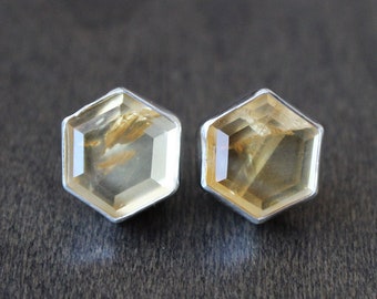 Amber-Orange Colors, Hexagon-Cut Citrine Gemstones in Handmade .925 Sterling Silver Bezels, Stud Earrings, Natural Citrine Stones, 10.45ctw