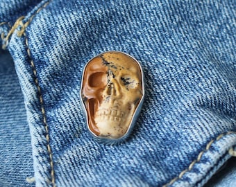 New! Your Choice of Skull Pin - Handmade, .925 Sterling Silver Pin for Hat, Jacket, Scarf - Natural Jasper, Carved Gemstone, Carved Skull