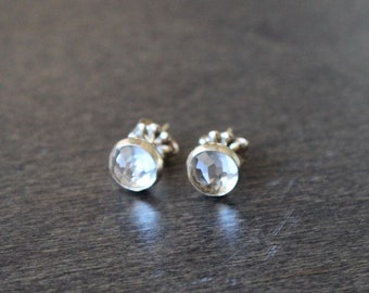 Sparkling, White Topaz Gemstones with Rose-Cut Faceting, Set in Gold-Filled Bezels, Handmade Stud Earrings, Size 6mm, 2.30ctw