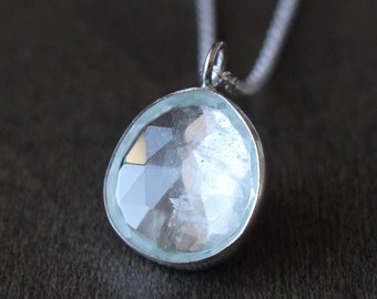 Pale Light-Blue Aquamarine, Rose-Cut Gemstone, Handmade .925 Sterling Silver Bezel Pendant, Round Shape, 4.70ctw