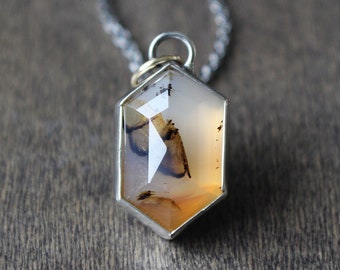 Elongated Hexagon, Montana Agate Cabochon, Step-Cut, Handmade 925 Sterling Silver Pendant with 14k Gold Jump Ring, 20" Patina Chain, 7.95ctw