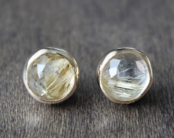 Golden Rutile Quartz, Rose-Cut Gemstones, Set in Solid 14k Gold and .925 Silver, Handmade Bezel Earrings, Natural Quartz, 10.60ctw