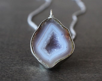 Beautiful and Unique, Tabasco Geode Pendant in .925 Sterling Silver, Handmade, Open-Back Bezel, Natural Gemstone, 20" Chain, 17.5ctw