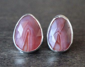 Rose-Cut, Natural Pink Agate Gemstones, Handmade Sterling Silver Earrings, Asymmetrical Studs, Genuine Banded Agate Cabochons, 9.15ctw