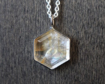 Beautiful, Citrine Pendant, Hexagon-Cut Facets with Hidden Rainbow, Handmade Bezel in .925 Sterling Silver, 20" Cable Chain, 5.40ctw