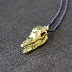 Polished or Oxidized Brass, Crocodile Skull Pendant, Animal Totem, Gator Charm, 24 Inch Rolo Chain, Animal Talisman, Skull Charms, Voodoo