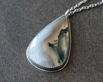 Checkerboard Moss Agate Pendant: Sterling Silver Pear Cabochon, 20" Chain