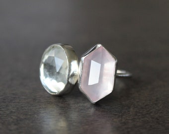 Sparkling, Rose-Cut Green Amethyst and Faceted, Hexagon-Cut Rose Quartz, Gemstones Set in .925 Sterling Silver, Moi et Toi Ring, Size 7.5 US