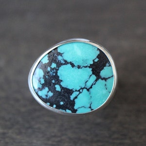 Handmade Hubei Turquoise Ring: Sterling Silver Bezel, Size 7