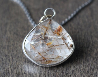 Copper Rutile Quartz Cabochon, Handmade .925 Sterling Silver Pendant, Adorned with Solid 14k Gold Jump Ring and 20" Patina Chain, 13.50ctw