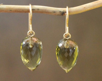 Micro-Faceted, Olive Quartz Gemstone Briolettes, Handmade Gold-Filled Dangle Earrings, 13.55ctw