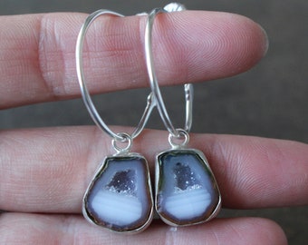 Interchangeable Geode Charms, Silver Hoop Earrings, Handmade Gemstone Hoops, Bezel-Set in .925 Sterling Silver, Natural Stones, 10.95ctw