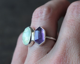 Gorgeous, Purple Amethyst and Sparkling Green Prehnite Gemstones, Rose and Hexagon Cut, Set in .925 Sterling Silver, Moi et Toi Ring, Size 6