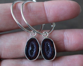 New! Handmade Sterling Silver Hoop Earrings with Tabasco Geode Stones, Natural Gemstones, Bezel-Set, Tiny Geode Earrings