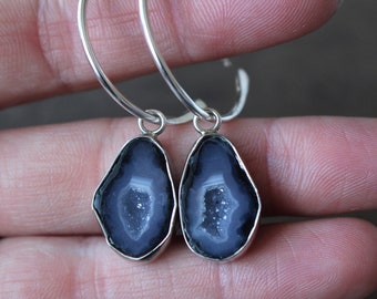 Natural Geodes, Gemstone Charms on Handmade .925 Sterling Silver Hoops, Interchangeable Charm Earrings, Tabasco Geodes, 10.25ctw