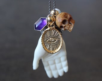 Royal Street - NOLA Voodoo Talisman Necklace, Handmade with Carved Bone Hand, Skull, Evil Eye, Gold Vermeil Eye, Hexagon Amethyst, Charms