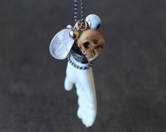 Bourbon Street - NOLA Voodoo Talisman Necklace, Handmade with Carved Bone Hand, Skull, Evil Eye, Snake Tail, Rose Cut Morganite, Charms