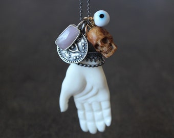 Jackson Square - NOLA Voodoo Talisman Necklace, Handmade with Carved Bone Hand, Skull, Evil Eye, Silver Eye, Rose Cut Pink Sapphire, Charms