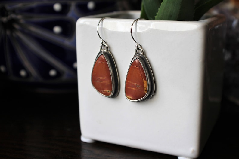 OOAK Earrings Gemstone Gorgeous Sunsets of Cherry Creek Jasper Cabochons in .925 Sterling Silver with Hand Notched Details and Dark Patina