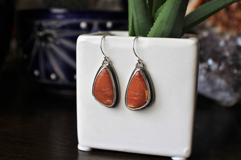 OOAK Earrings Gemstone Gorgeous Sunsets of Cherry Creek Jasper Cabochons in .925 Sterling Silver with Hand Notched Details and Dark Patina