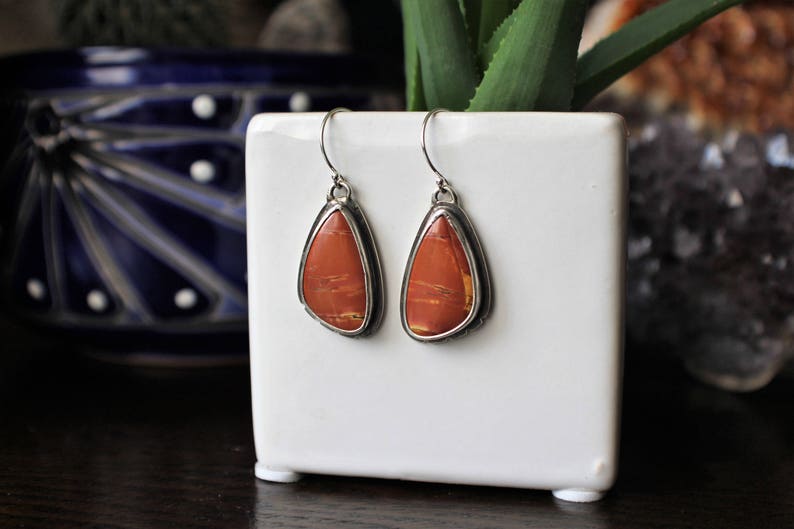 OOAK Earrings Gemstone Gorgeous Sunsets of Cherry Creek Jasper Cabochons in .925 Sterling Silver with Hand Notched Details and Dark Patina