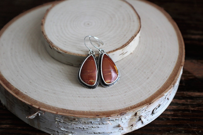 OOAK Earrings Gemstone Gorgeous Sunsets of Cherry Creek Jasper Cabochons in .925 Sterling Silver with Hand Notched Details and Dark Patina