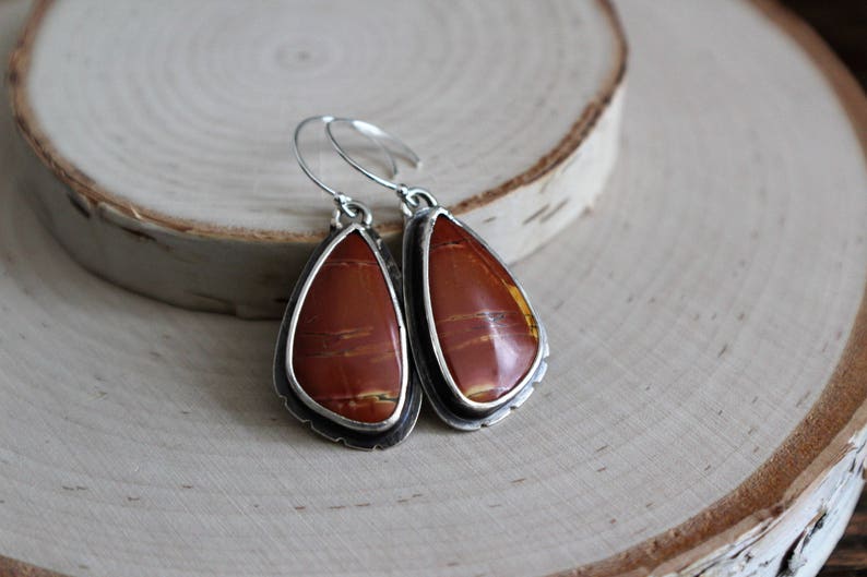 OOAK Earrings Gemstone Gorgeous Sunsets of Cherry Creek Jasper Cabochons in .925 Sterling Silver with Hand Notched Details and Dark Patina