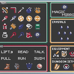 以下が含まれることがあります： ビデオゲームのメニューの白黒のピクセル画像。メニューには、アイテム、アクション、装備のリストがあります。アイテムには、弓矢、ブーメラン、爆弾、ルピーの袋、魔法の鏡、クリスタルが含まれます。アクションには、持ち上げる、読む、話す、引っ張る、走る、泳ぐが含まれます。装備には、剣、盾、赤い帽子が含まれます。ダンジョンアイテムには、巻物、ハートコンテナ、鍵が含まれます。