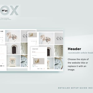 May include: A light blue graphic with the word "BOX" in a 3D effect, with "N&deg;32" above it. Below, the text reads "Clean & minimal responsive Blogger theme." The image shows a website header with customizable options and a detailed setup guide.