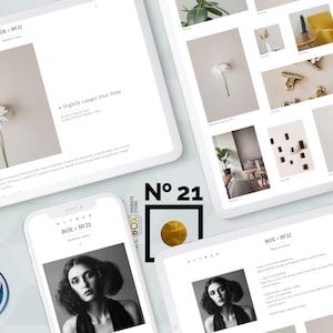May include: A digital mockup showcasing a website design on multiple devices. The design features a minimalist aesthetic with a white flower, a portrait, and the text "BOX = N&deg;21". The WordPress logo is visible.