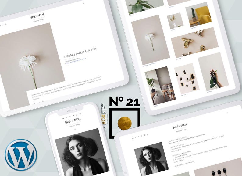 May include: A digital mockup showcasing a website design on multiple devices. The design features a minimalist aesthetic with a white flower, a portrait, and the text "BOX = N&deg;21". The WordPress logo is visible.