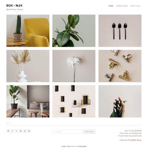May include: A website design layout featuring a grid of nine images. The images showcase various objects, including plants, spoons, and paper clips. The top left corner displays the text "BOX №24 WordPress Theme".