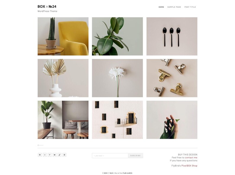 May include: A website design layout featuring a grid of nine images. The images showcase various objects, including plants, spoons, and paper clips. The top left corner displays the text "BOX №24 WordPress Theme".